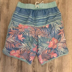 Tommy Bahama Blue and Pink Swim Trunks with Tropical Design